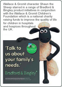 Wallace & Gromit character Shaun the Sheep starred in a range of Bradford & Bingley product initiatives in conjunction with the Wallace & Gromit Children's Foundation which is a national charity raising funds to improve the quality of life for children in hospitals and hospices throughout the UK.